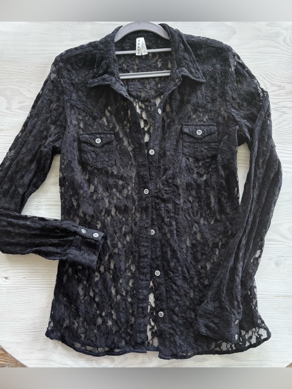 Roper Black Lace Button-Front Women's Western Top Size Large